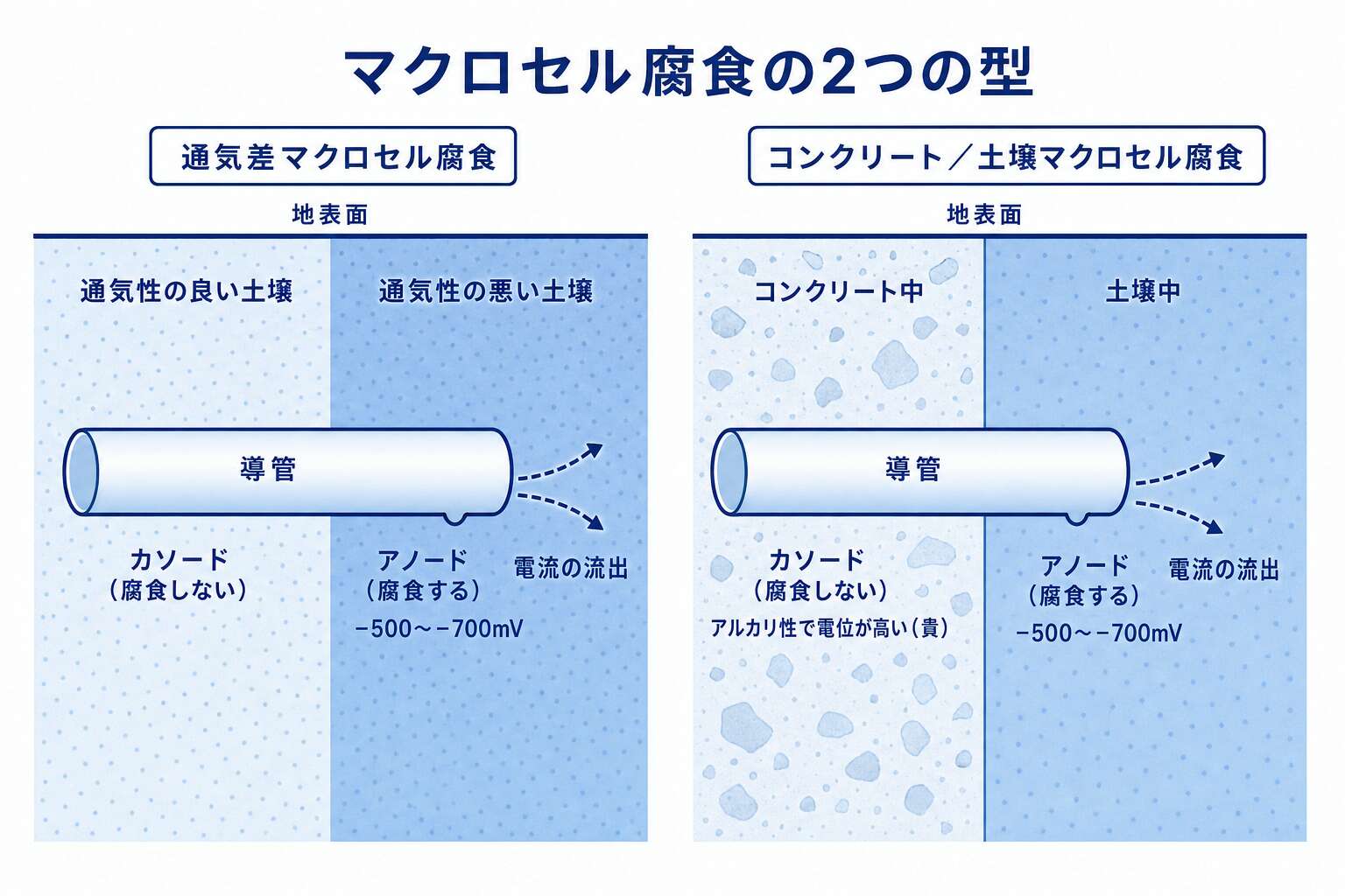 マクロセル腐食2種：腐食するのは通気の悪い側と土壌側