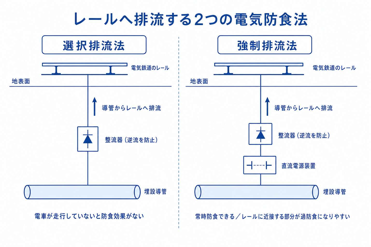 選択排流法と強制排流法：レールへ電流を帰す2方式の違い
