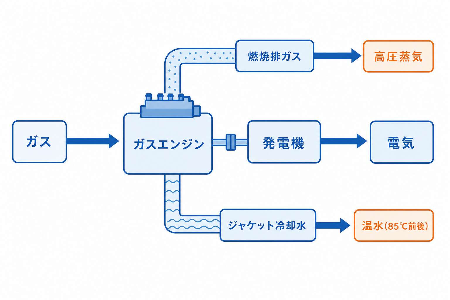 ガスエンジンコージェネの排熱回収2系統(温水と蒸気)